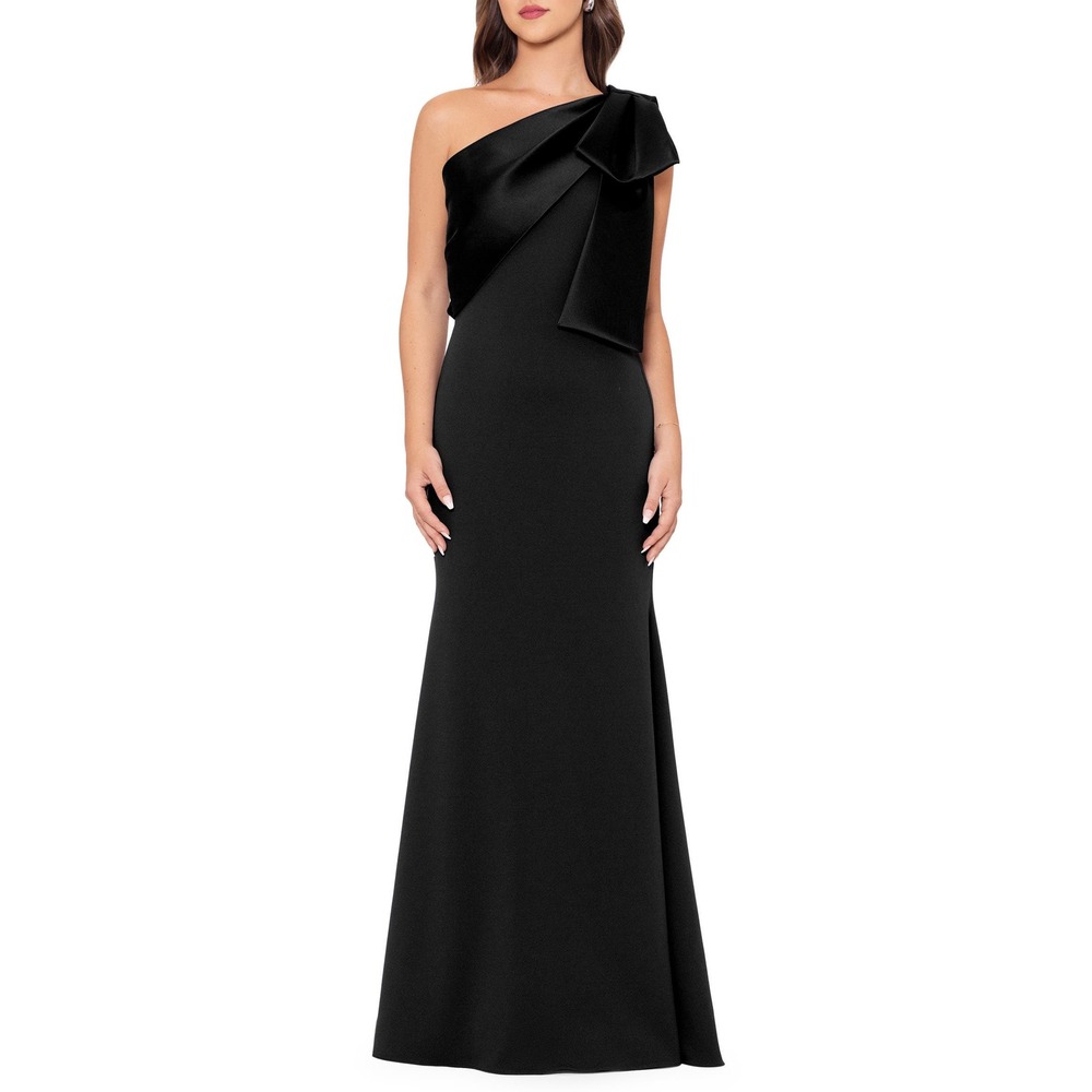 Xscape One Shoulder Side Ruffle Scuba Crepe Gown Navy Blue Size 14 Formal Dress